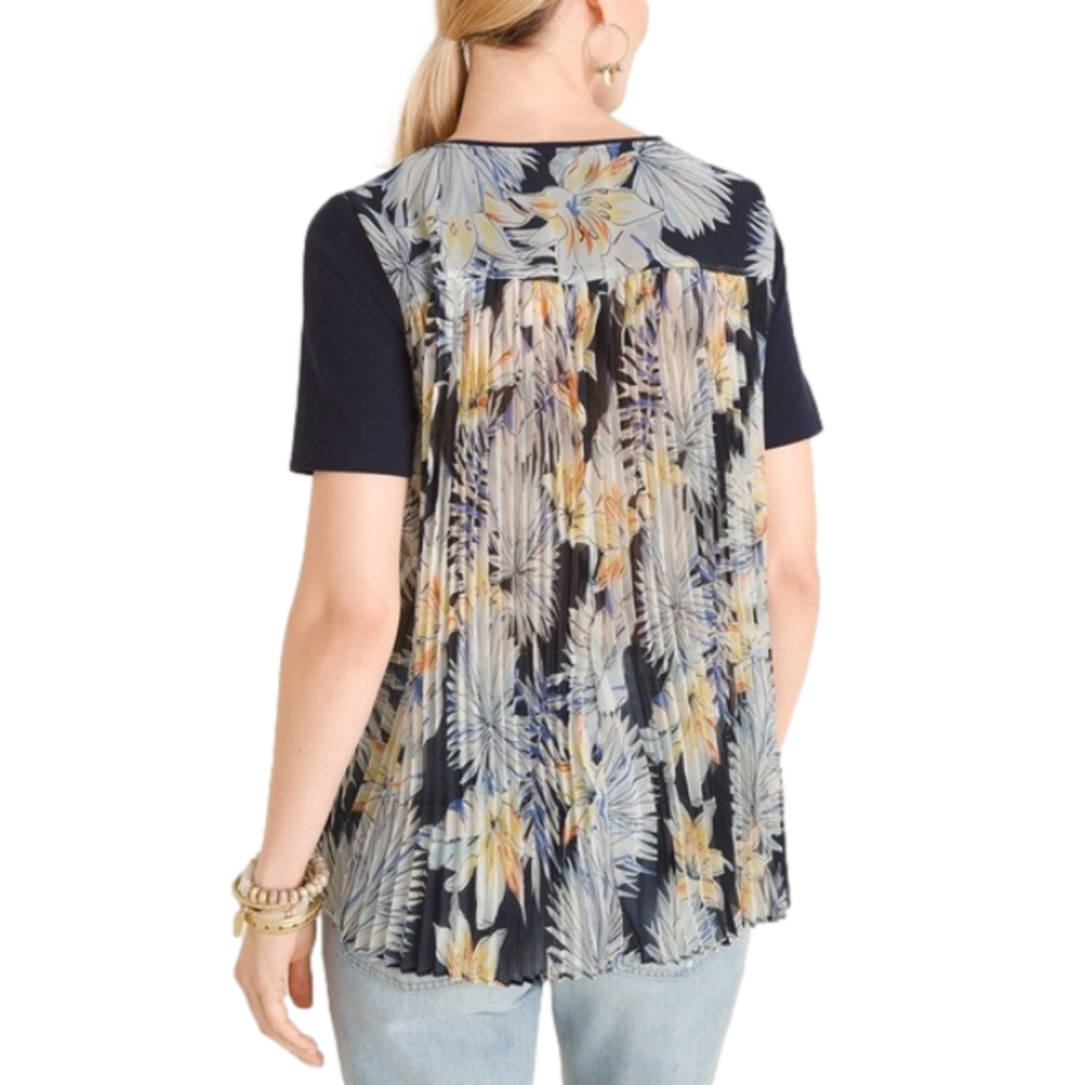Chicos‎ Womens Size L Navy Blue Floral Pleated Back Soft Knit Short Sleeves Top